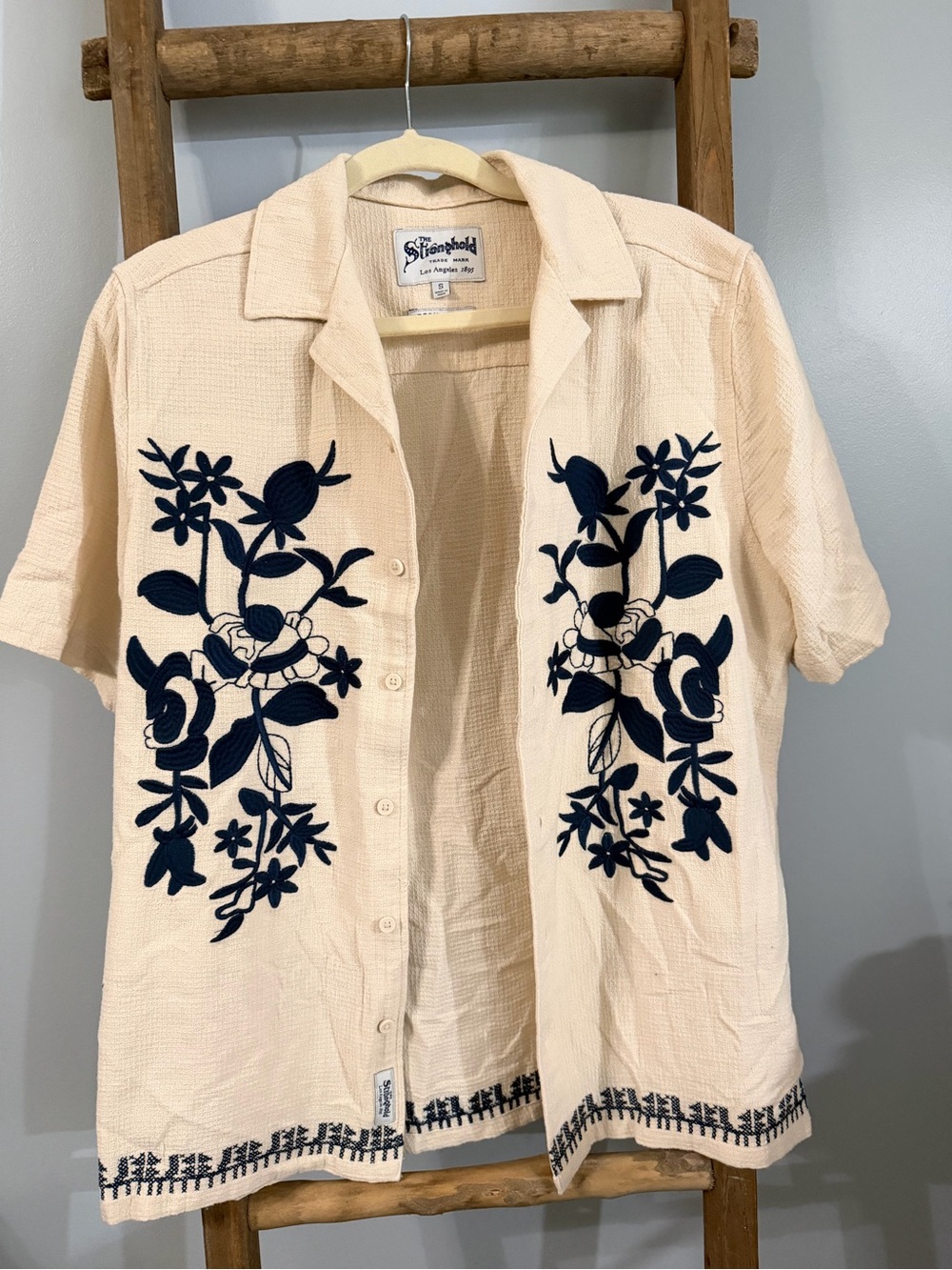 The Stronghold Short-Sleeve Button-Down Shirt with Navy Floral Embroidery